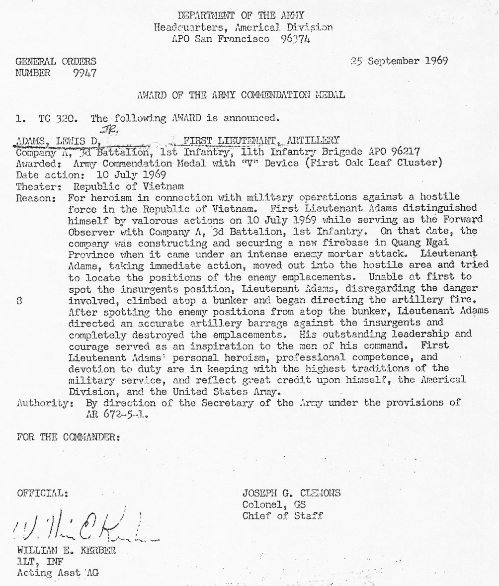 Army Commendation Medal with V Device awarded to Lewis D. Adams, Jr.